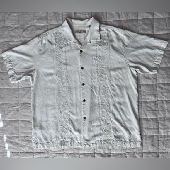 Tommy Bahama 100% Silk Cream Tropical Leaf Embroidered Button Down Shirt - XL - Picture 1 of 11